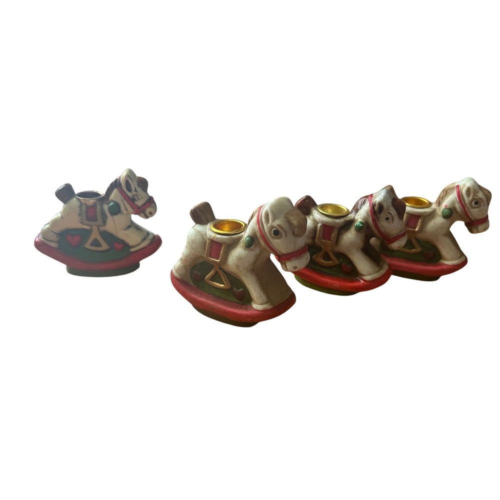 Vintage Ceramic Rocking Horse Mini Candle Holders Set of 4 Christmas Decor